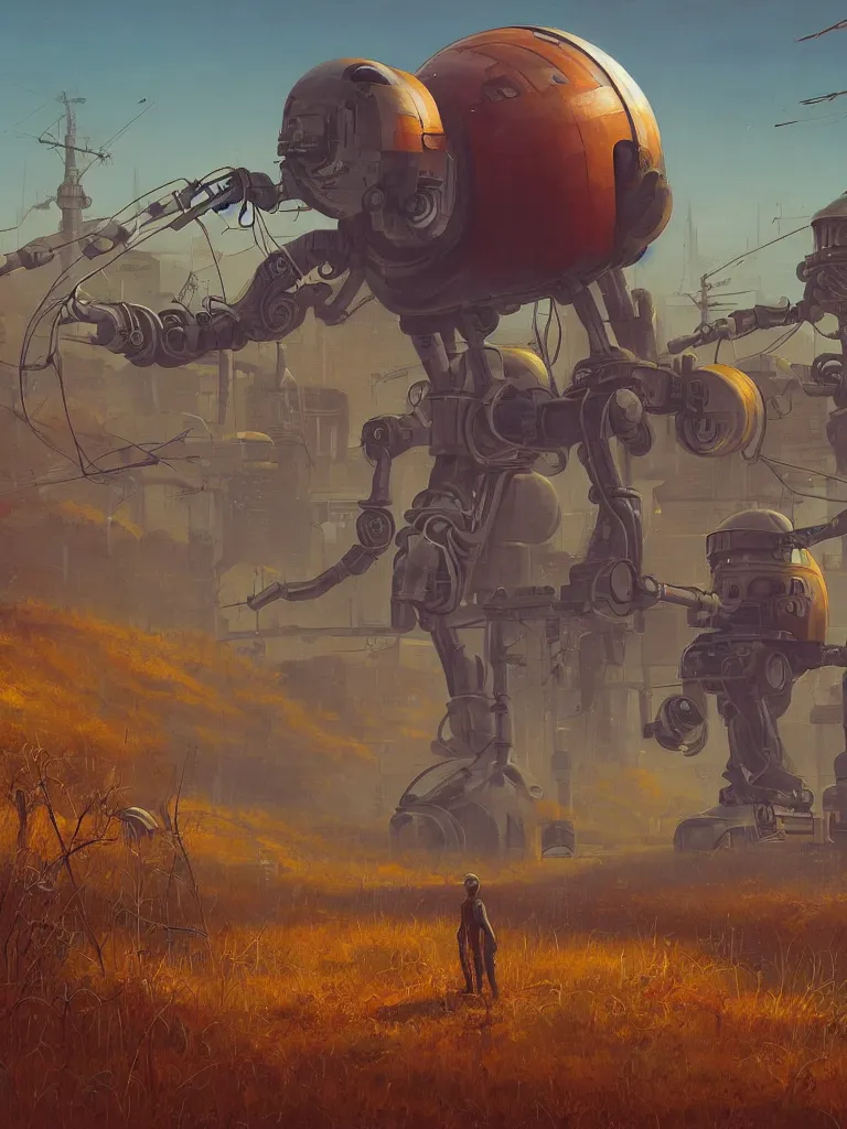 Prompt: retrofuturistic science-fiction landscape of autumn field with big retrofuturistic robot in style of Simon Stalenhag