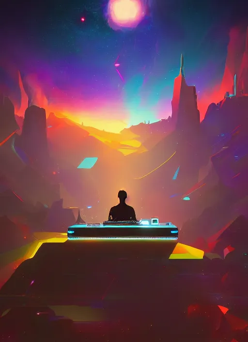 Prompt: Man djing in front of the universe, digital art, dynamic lighting, hyper detailed, artstation, golden ratio, by Anton Fadeev and greg rutkowski, 4K