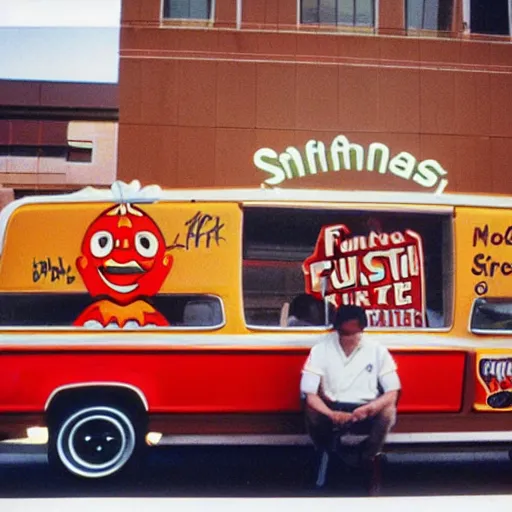 Prompt: The mascot for a once-popular fast food chain, 1990, colour photography