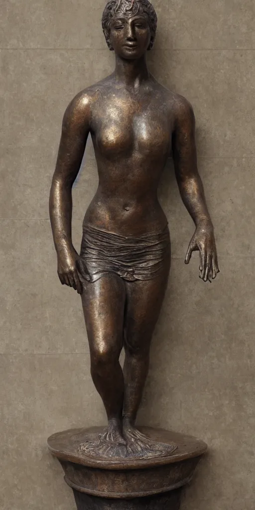 Prompt: photorealism full portrait of old bronze patina statue of most famous woman, full body portrait, bending poses, intricate, detail, museum