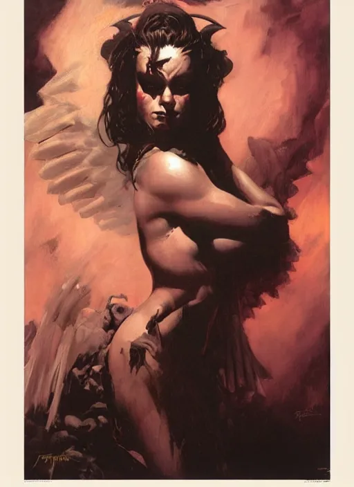 Image similar to portrait of female chaos angel, beautiful! coherent! by frank frazetta, by brom, strong line, deep color, armor, volumetric hair, high contrast