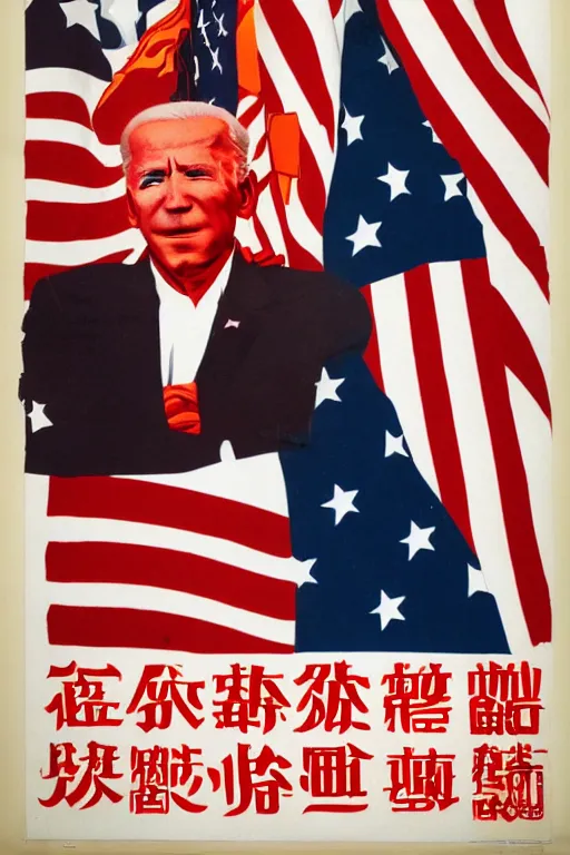 Image similar to an anti-American Chinese propaganda poster of the devil Joe Biden