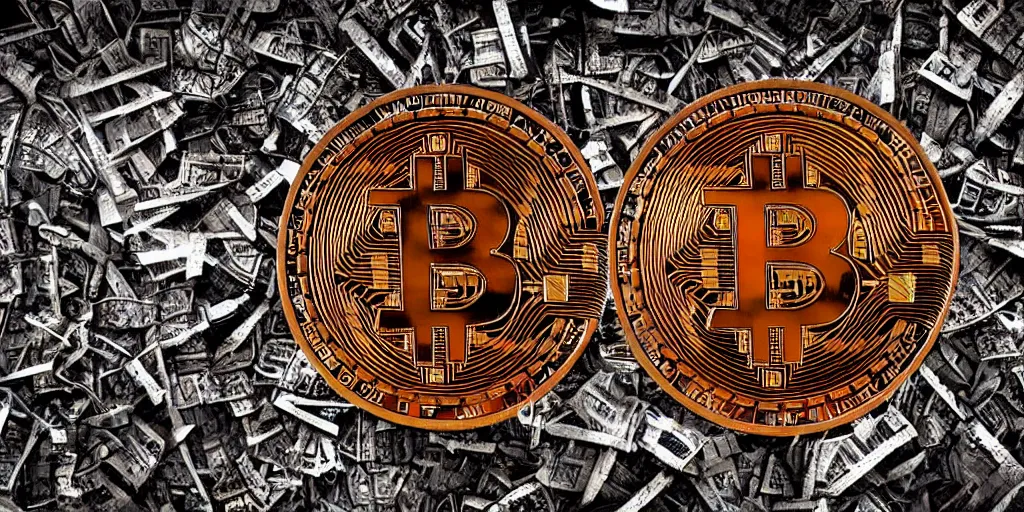 Prompt: giant rusted bitcoin being held by hundreds of the wretched of the earth, decadence decay and despair, dystopian art