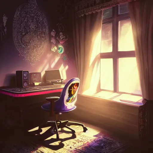 Image similar to prompt : gamer girl, bedroom desk, site - specific art, moody lighting, volumetric light, ray tracing global illumination, insanely detailed and intricate, hypermaximalist, elegant, ornate, hyper realistic, super detailed, artstation, by yaoy kusama