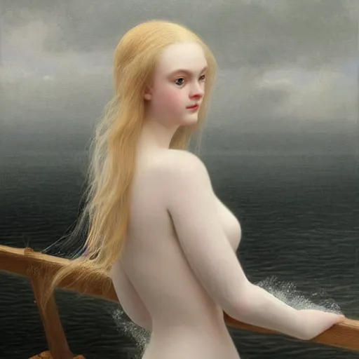 Prompt: Painting of Elle Fanning lost at sea, dark stormy weather, long blonde hair, delicate, pale milky white porcelain skin, by Edmund Leighton. 8K. Extremely detailed.