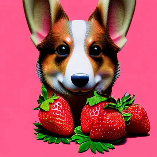 Image similar to corgi with strawberry skin, in strawberry jam : ornate, dynamic, particulate, intricate, elegant, highly detailed, centered, artstation, smooth, sharp focus, octane render