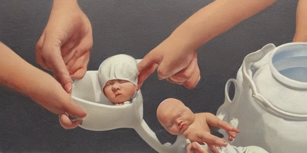 Image similar to Close up of delicate hands washing a baby in a white water jug. Painting by Alex Colville H 768