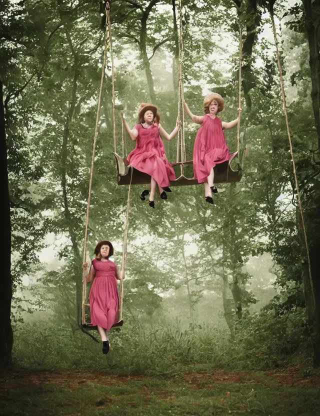 Image similar to two girls in vintage dresses happily swing on hanging swings in the forest, motion photo, Cottage core, Cinematic focus, Polaroid photo, vintage, neutral colors, soft lights, foggy, by Steve Hanks, by Serov Valentin, by lisa yuskavage, by Andrei Tarkovsky, by Terrence Malick, by Krenz Cushart, 8k render, detailed, oil on canvas