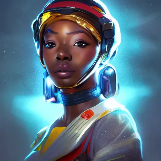 Image similar to portrait cartoon manga anime render of a strikingly gorgeous nigerian 👩🏿, wearing an intricate gundam pilot helmet, rossdraws, artgerm, norman rockwell, emiliano ponzi, epic composition, hd, octane, unreal engine, volumetric lighting, light rays, masterpiece, award - winning