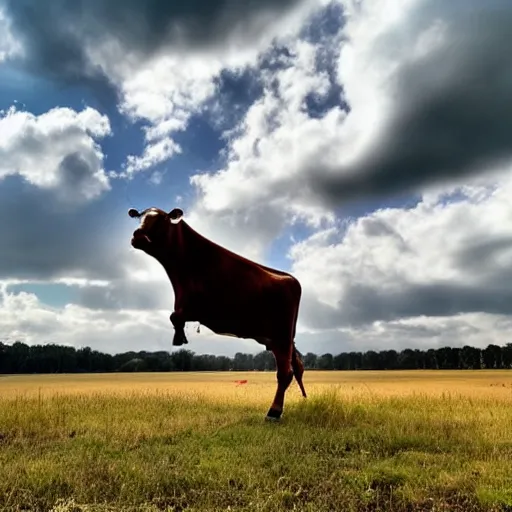 Image similar to a cow flying in the sky with clouds
