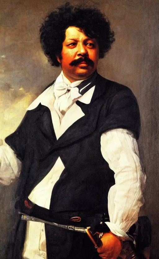 Image similar to Portrait of Alexandre Dumas, oil on canvas, highly detailed, by Delacroix, 8k