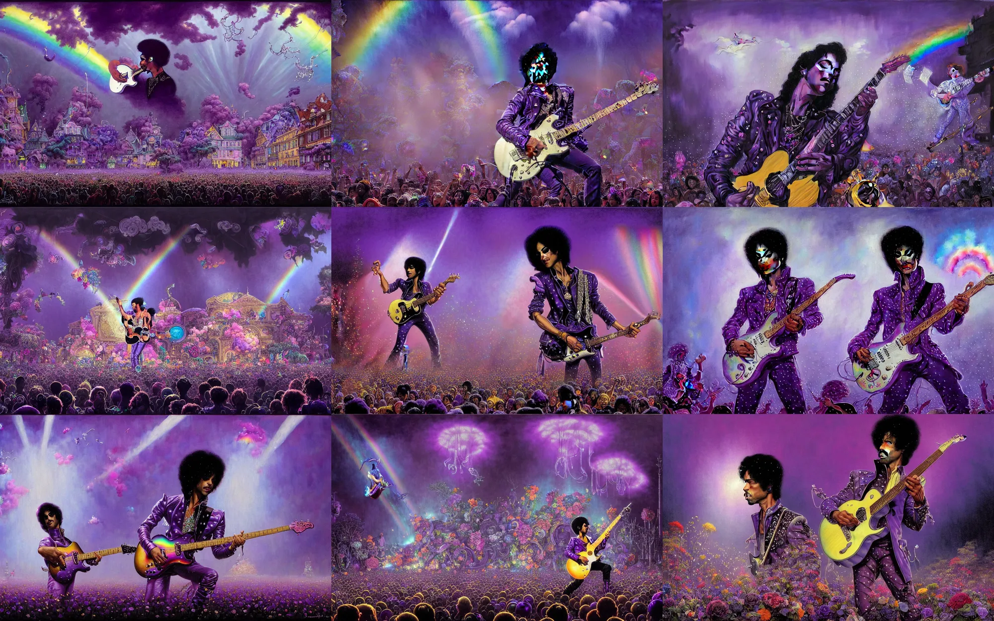Prompt: close up of prince playing his guitar in the purple rain to a very large audience with floral decoration on stage and a rainbow in the background and the crowd going wild, fantasy art by james jean and norman rockwell and greg rutkowski and ferdinand knab, volumetric light, large crowd and lightshow in the background, very detailed, dreamy, surreal, atmospheric, weird