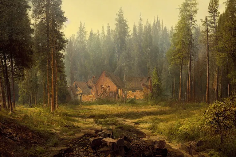 Image similar to A beautiful painting of russian village in dark forest by ivan shishkin and arkhip kuindji, trending on artstation,matte painting