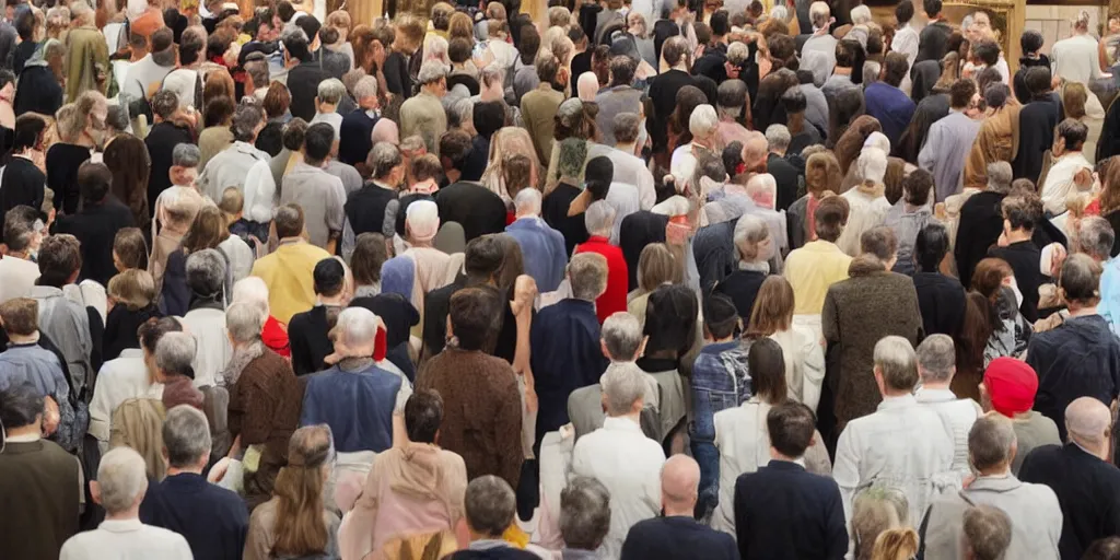 Prompt: audience looking at art market in an auction house