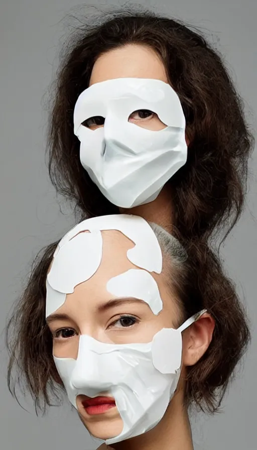 Prompt: a woman with a plastic mask on her face, trending on pinterest, plasticien, biomorphic, made of plastic