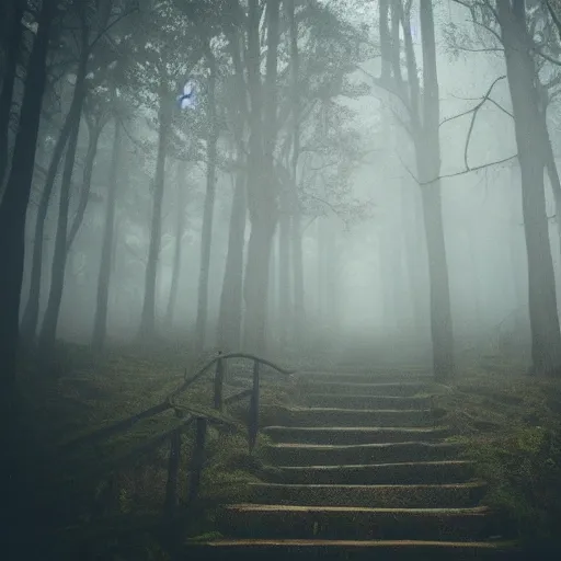 Image similar to creepy stairs in middle of forest, stairs leading to nowhere!, dark foggy misty colors!, dark forest from evil realm