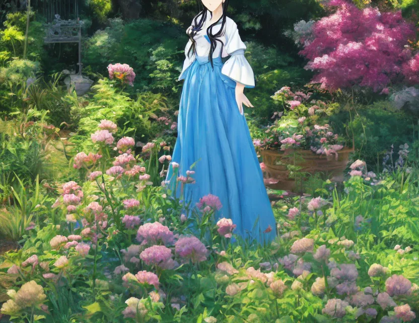 Prompt: ugly unattractive princess in the garden. oil painting by award - winning mangaka. backlighting, chiaroscuro, depth of field, luminescent colors.