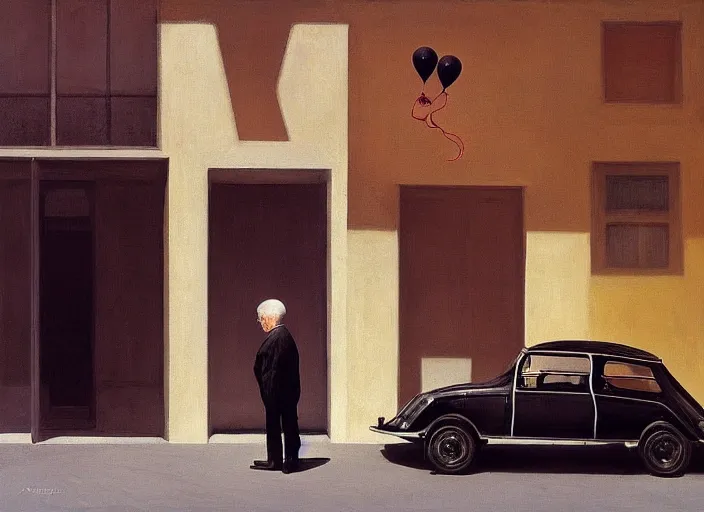 Image similar to aslouchy elegant old man with a black balloon stands at citroen ds 1 9 in grim rome, highly detailed, soft lighting, elegant, by edward hopper and james gilleard, zdzislaw beksinski, steven outram, highly detailed