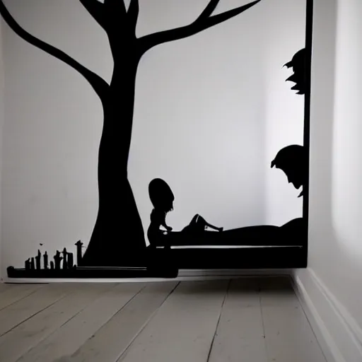 Prompt: silhouette of person at the edge of bed, children's room, eerie