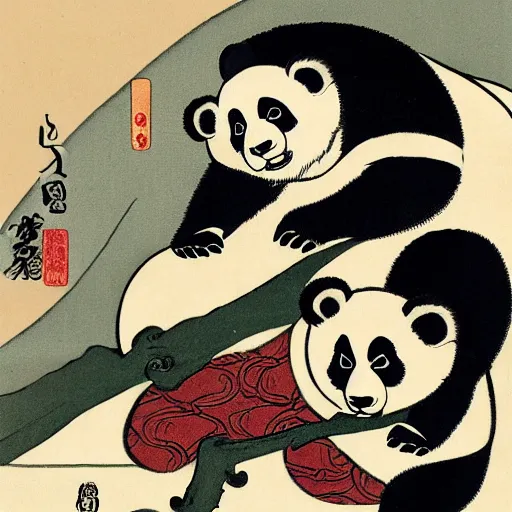 Image similar to a panda and bear, shunga style, ukiyo - e art, artstation