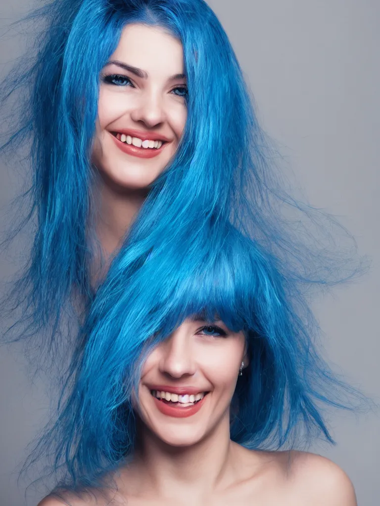 Image similar to Portrait of a woman with blue hair smiling, ultra-realistic, HD, headshot