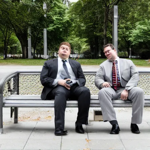 Prompt: two clean - shaven chubby white men in suits and neckties sitting on a park bench. each men are holding manila folders in their hands.