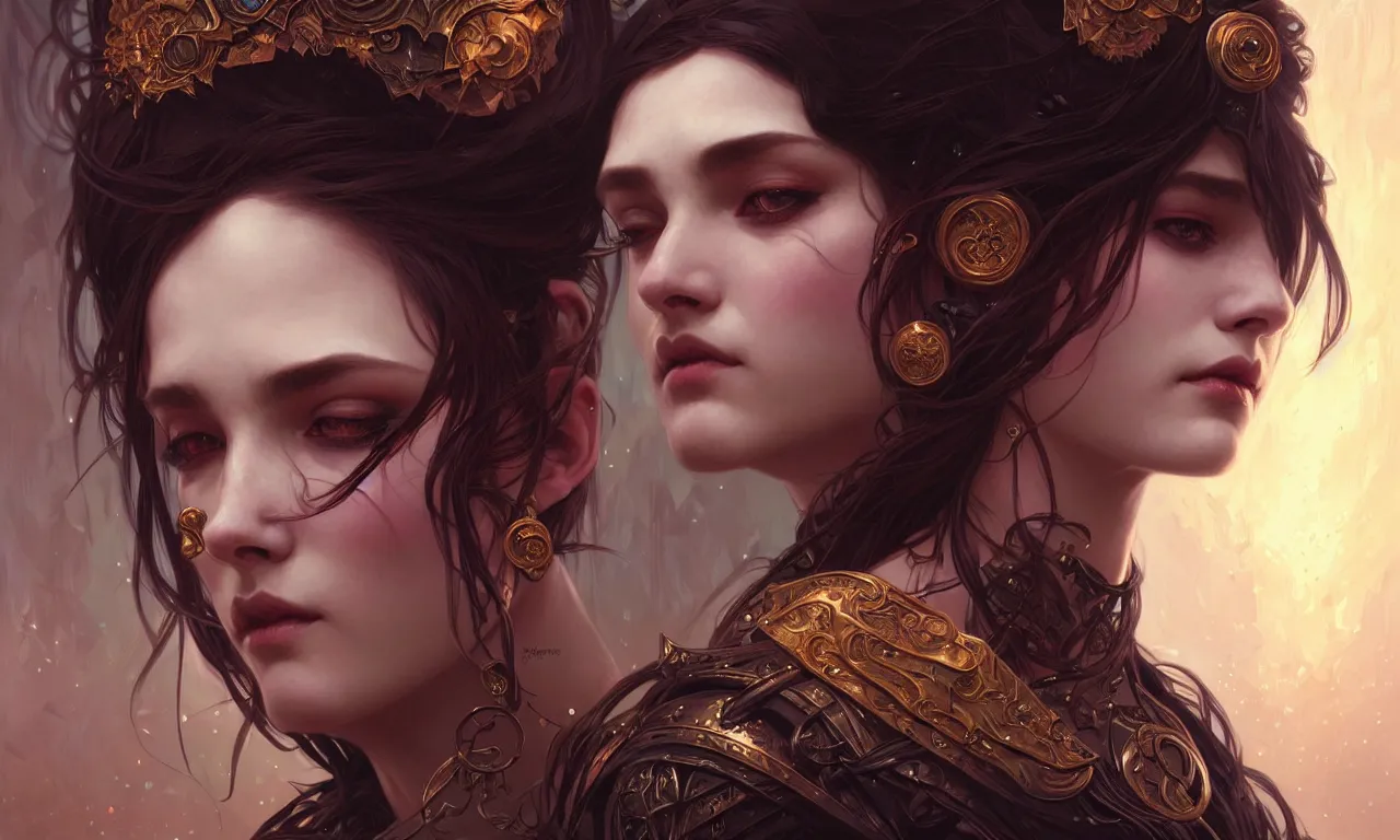 Prompt: portrait of chaos goddess closeup filled background around face, fantasy magic, undercut hairstyle, dark light night, intricate, elegant, sharp focus, illustration, highly detailed, digital painting, concept art, matte, art by wlop and artgerm and greg rutkowski and alphonse mucha, masterpiece