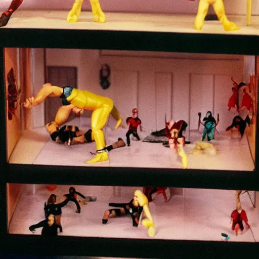 Image similar to WCW sting wrestling action figures fighting in abandoned dollhouse