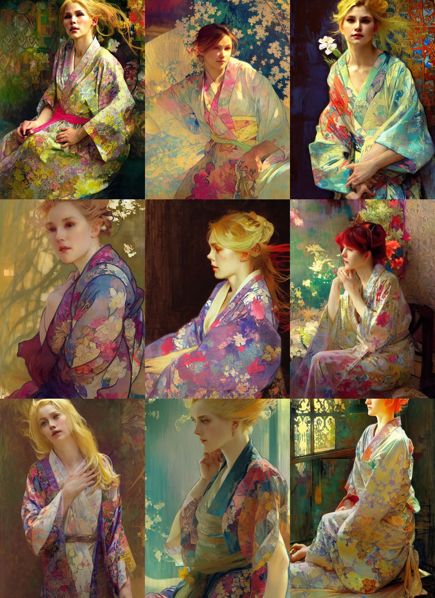 Prompt: a beautiful blond woman wearing a colorful yukata, by jeremy mann and alphonse mucha, dramatic lighting, ethereal