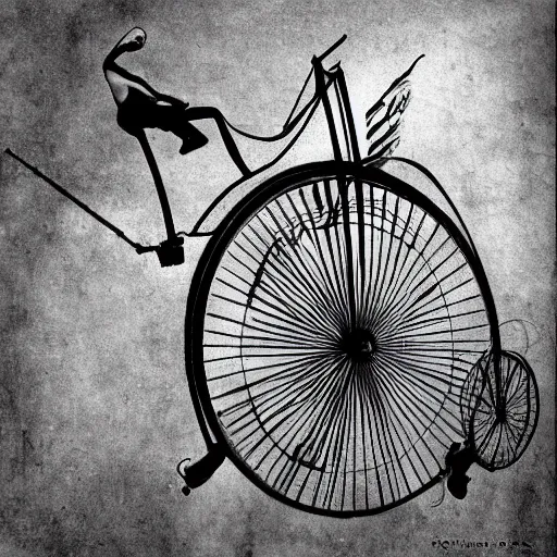 Image similar to riding a penny farthing into the far future, stylized photo