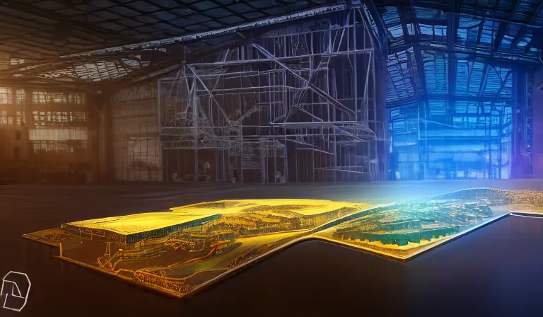 Image similar to sparse crowd of people in walled warehouse, looking at hologram of futuristic city on a table, cinematic concept art, godrays, golden hour, natural sunlight, 4 k, clear details, tabletop model buildings, center model buildings, hologram center, crane shot, crane shot, crane shot