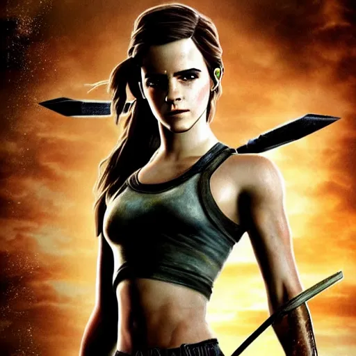 Prompt: Emma Watson as Lara Croft, promo art, highly-detailed, stunning