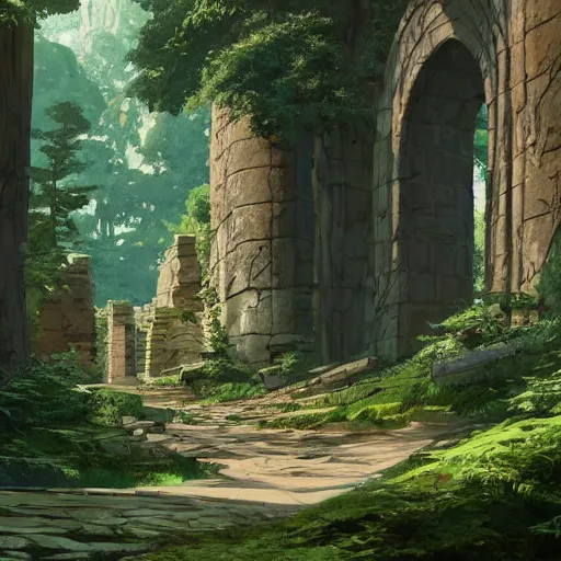 Image similar to concept art painting of an ornate ancient stone archway, in the woods, trees in foreground, realistic, detailed, cel shaded, in the style of makoto shinkai and greg rutkowski and james gurney