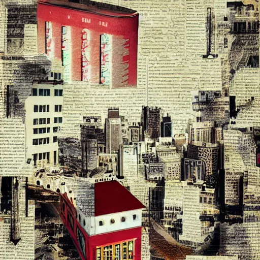 Image similar to collage style Joseba Elorza, Journalic paper texture buildings, papercut, pop-art