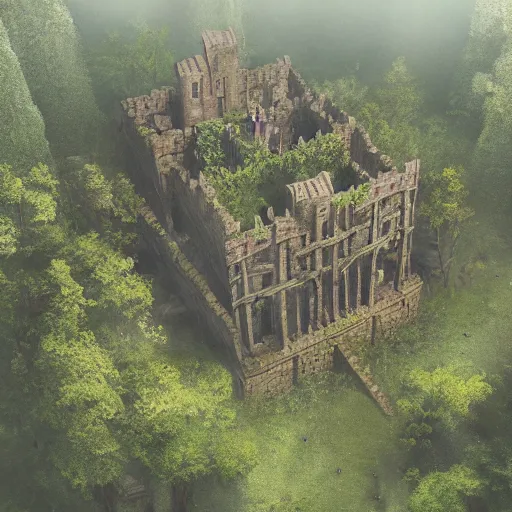 Image similar to giant ancient castle in an forest with some ivy plants on the walls, cinematic, epic, dramatic lighting from above, dark, vines, fantasy, dust, unreal engine, octane, highly detailed, concept art, dark, super realistic,