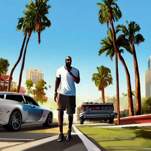 Image similar to Lebron James in GTA V . Los Santos in background, palm trees. in the art style of Stephen Bliss