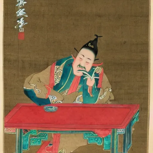Prompt: chinese watercolor painting of a wizard playing mahjong 12th century