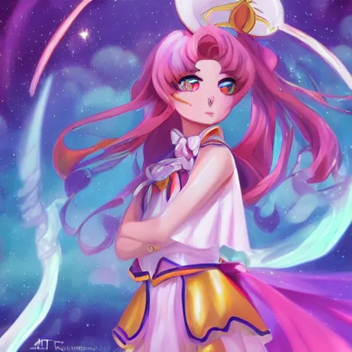 Image similar to a portrait of a celestial magical girl, sailor moon, star guardians, very beautiful, very very very very attractive, trending on artstation, cool color scheme, semi - realism, painted by artgem and rossdraws and loish