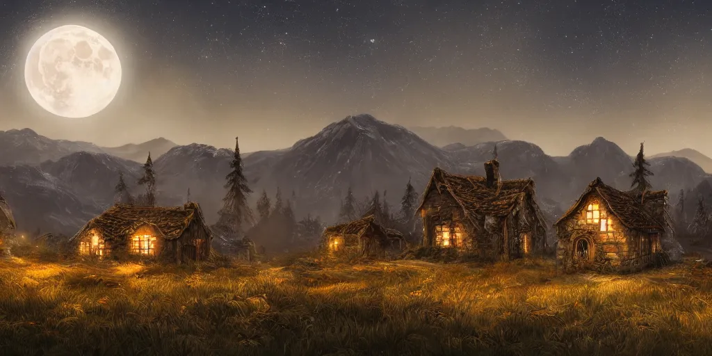 Image similar to Skeleton infested fields with large mountains in the distance, small cottage in the foreground, nighttime, moon in the night sky, landscape wallpaper, d&d art, fantasy, painted, 4k, high detail, sharp focus