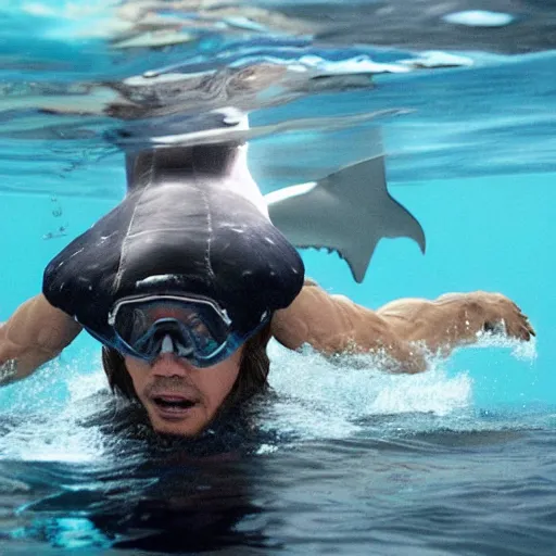 Prompt: mark wahlberg in a shark costume diving under water during shark week.