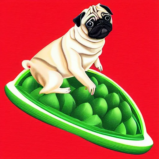 Image similar to A pug riding in a watermelon UFO, digital art