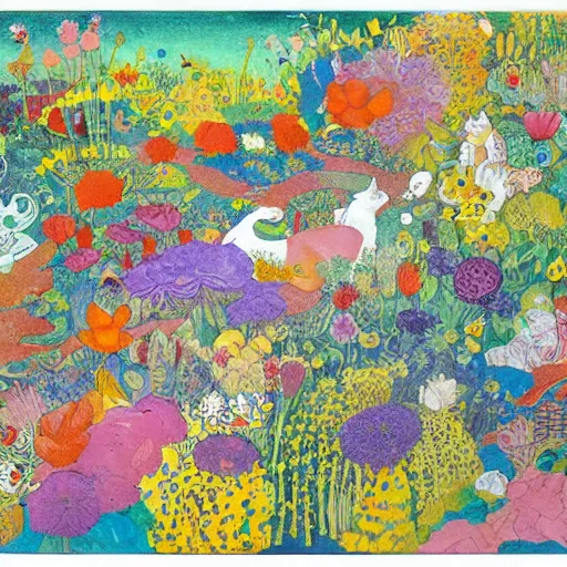 Image similar to cat playing in a garden of flowers, a mix media painting by Victo Ngai, laurel burch and Leonardo da Vinci and Natalia Goncharova, cluttered , child's drawing