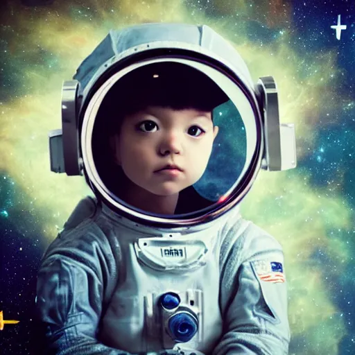 Prompt: space-time portal, universe, futuristic, celestial, little child astronaut