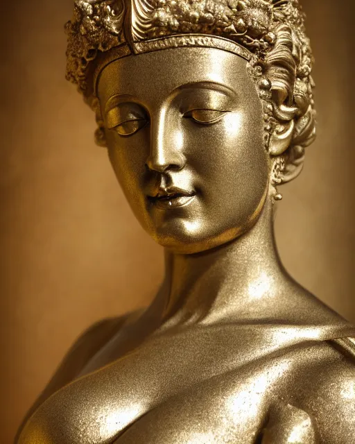 Prompt: marble statue portrait of woman in shining golden armor, high production value, intricate details, high resolution, hdr, high definition, masterpiece, realistic, ultrarealistic, highly detailed, hd, sharp focus, non blurry, sharp, smooth