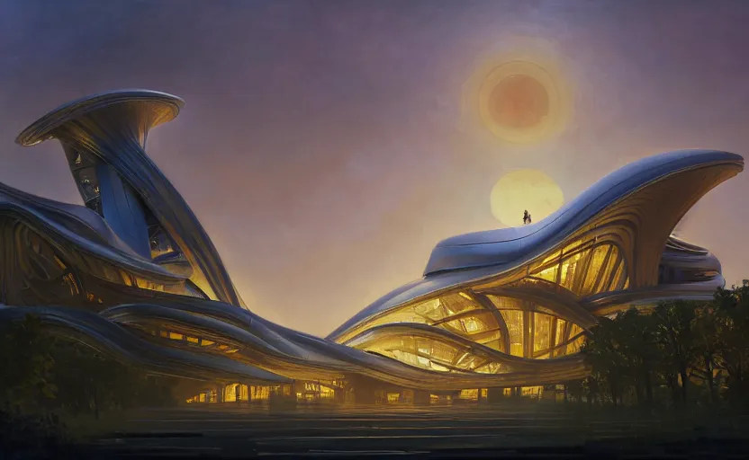 Image similar to exterior shot of utopian architecture building with cinematic lighting by zaha hadid and renzo piano, darek zabrocki and greg ruthkowski, alphonse mucha, simon stalenhag, cinematic, holy place, spiral, paradise, scifi, futurism, atmospheric, sunset, concept art, artstation, trending on artstation