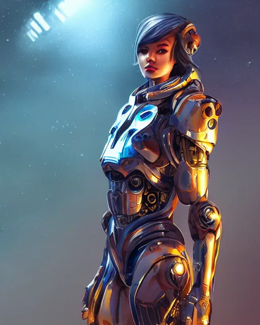 Prompt: holy cyborg girl with golden armor, elegant, scifi, jetpack, alien world, futuristic, utopia, garden, colorful, lee ji - eun, mass effect, illustration, atmosphere, top lighting, blue eyes, focused, artstation, highly detailed, art by yuhong ding and chengwei pan and serafleur and ina wong