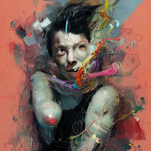 Image similar to grinning woman in a vr headset, dynamic energic pose, cyberpunk in the style of adrian ghenie, esao andrews, jenny saville, surrealism, dark art by james jean, takato yamamoto