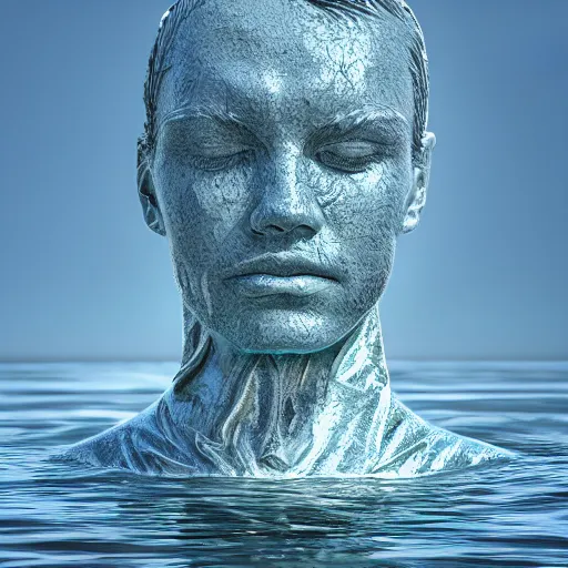 Image similar to a sculpture made of water in the shape of a human head, on the ocean water, water manipulation photoshop, cgsociety, cinematic, in the style of johnson tsang, long shot, hyper detailed, hyper realistic, ray tracing, 8 k resolution, sharp focus, realistic water, award winning