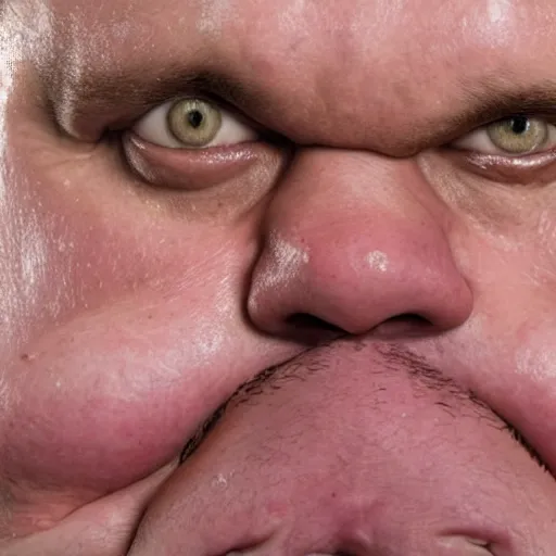 Prompt: obese sweaty man close up photograph