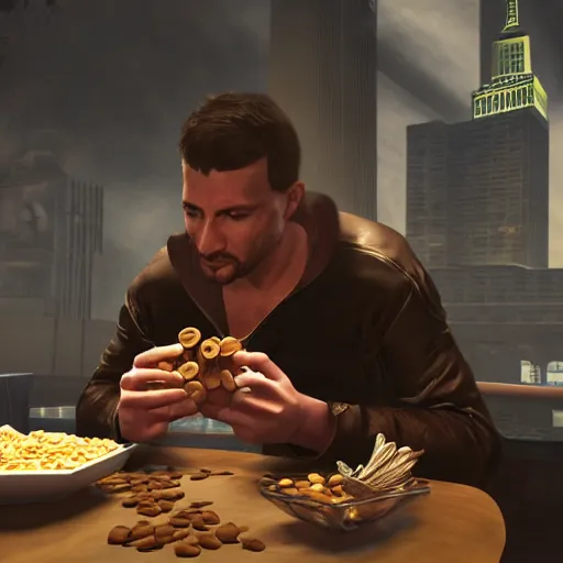 Image similar to jc denton from deus ex videogame eats cereal at a table near liberty island, high quality, photorealistic, highly detailed, 4 k, hd